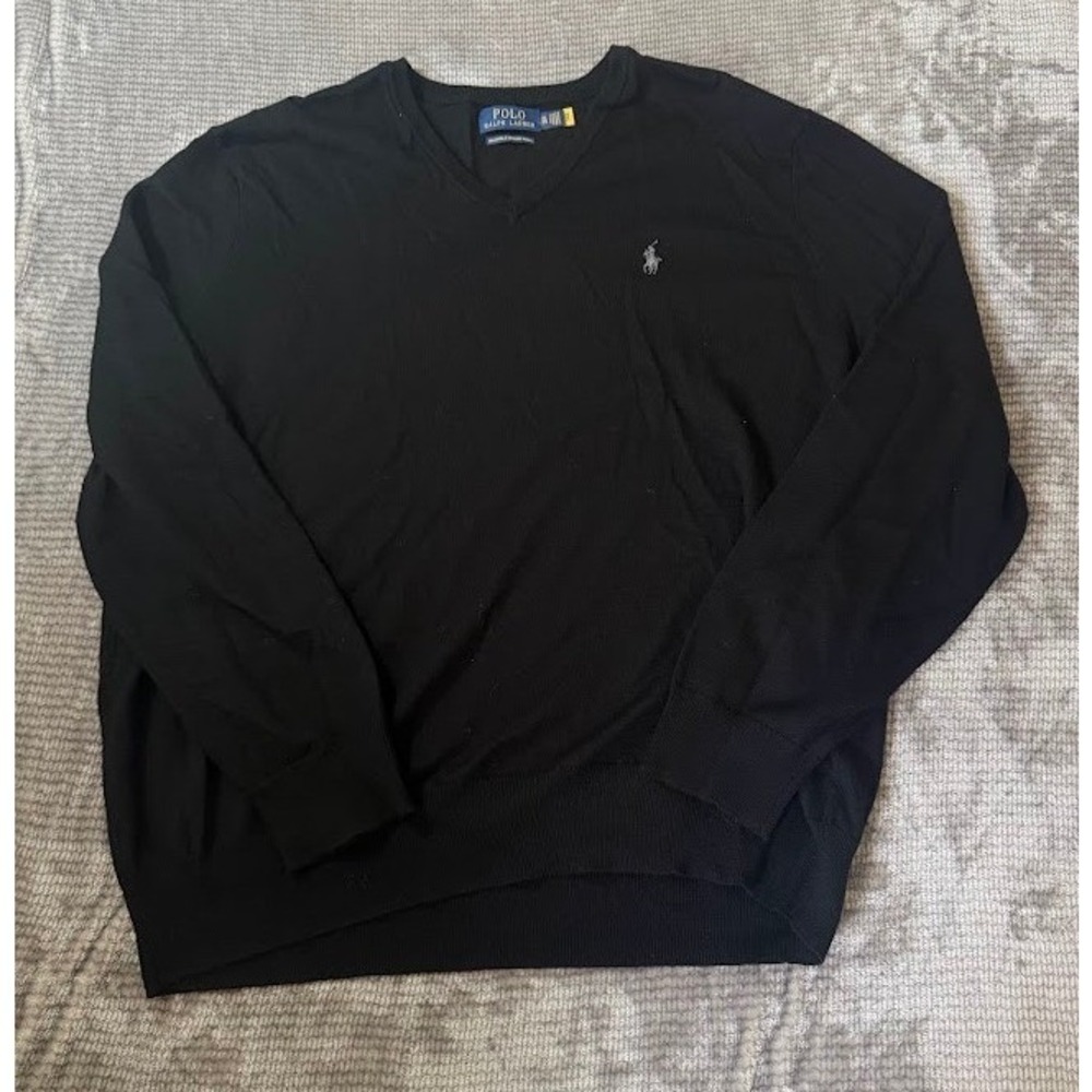 Polo Ralph Lauren Men XXL Black Washable Merino Wool V-Neck Sweater Grey Pony